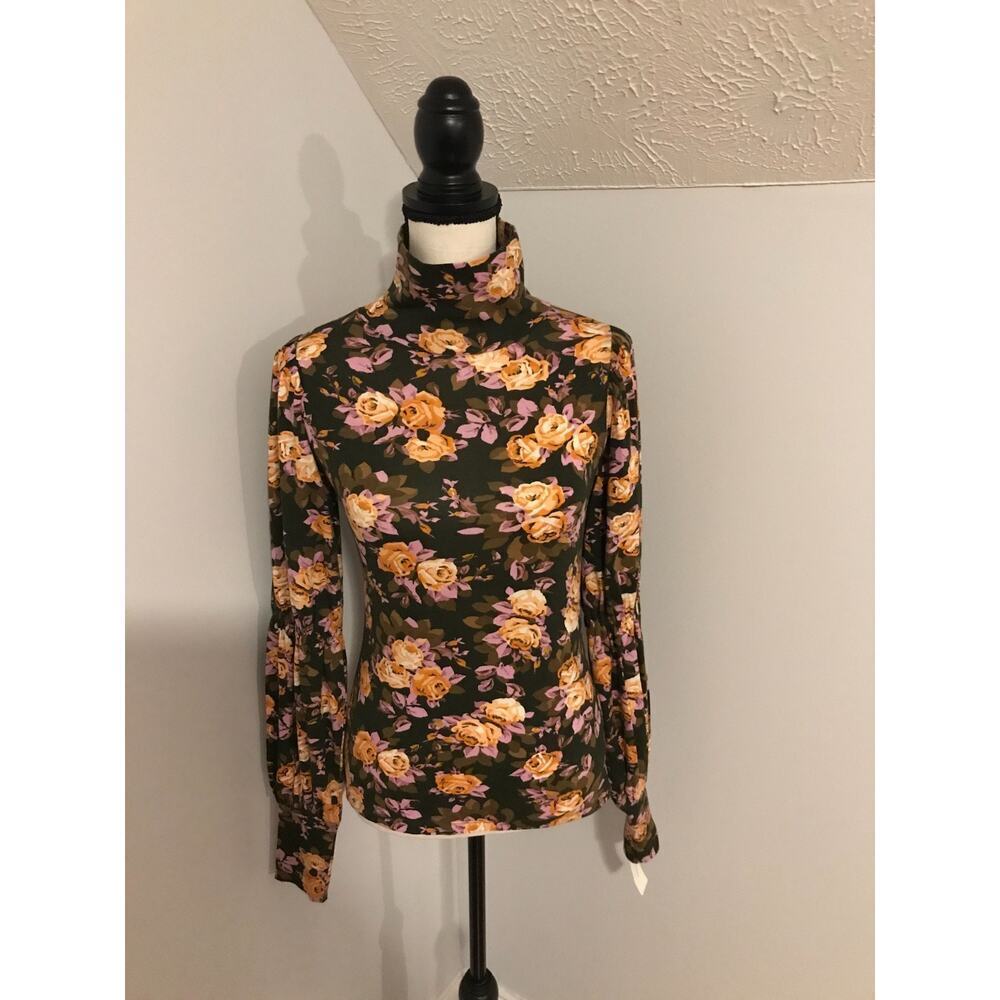 NWT Anthro Floral Turtleneck Top XS Puff Sleeve Brown Boho - Picture 2 of 12